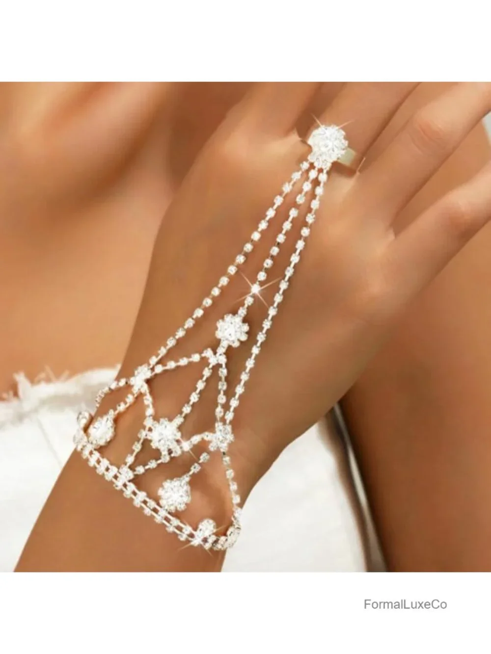 Rhinestone Fingerless Gloves Sparkle Crystal Hand Chain Prom Gloves